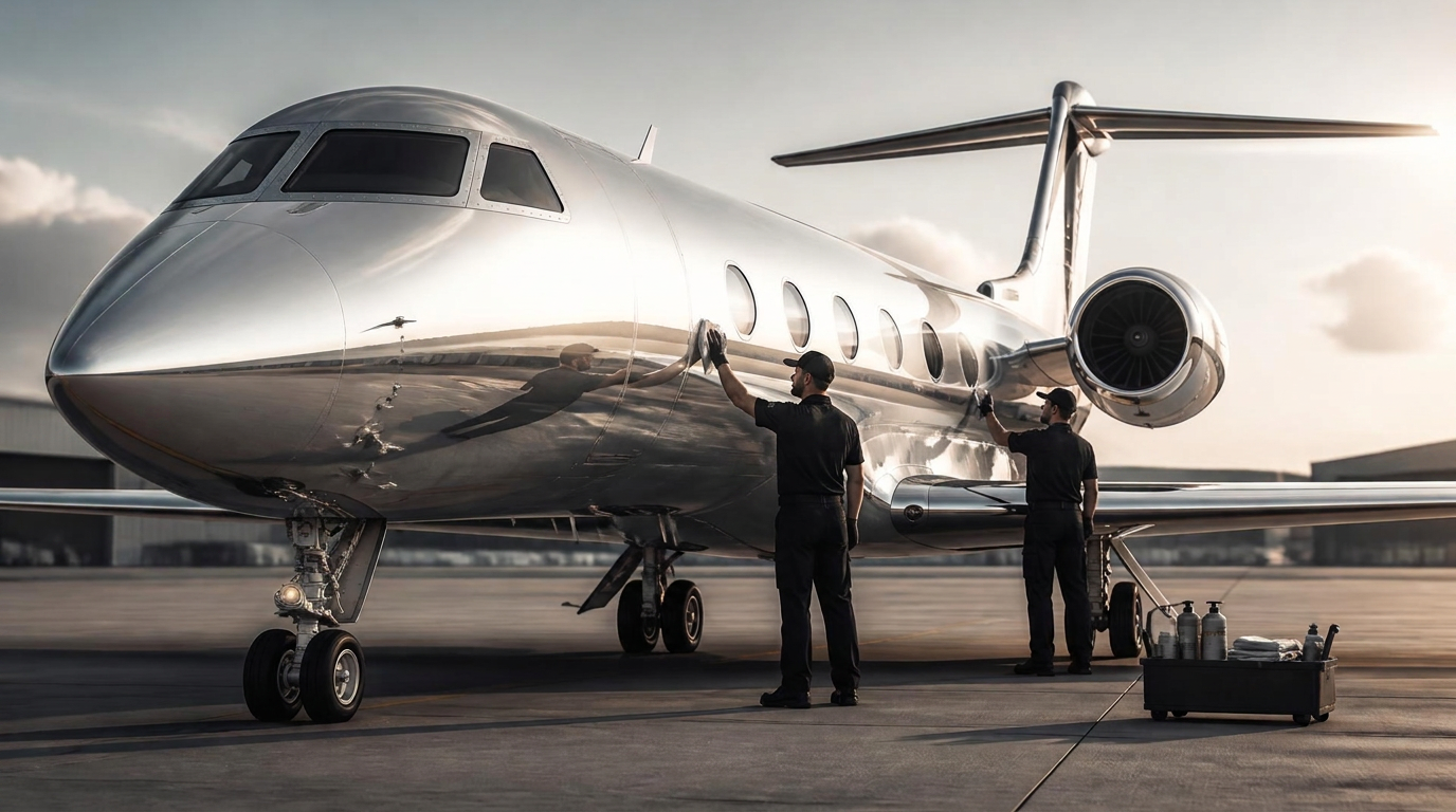 Two Nuvoren technicians applying ceramic coating to a gleaming Gulfstream G450 on the tarmac
